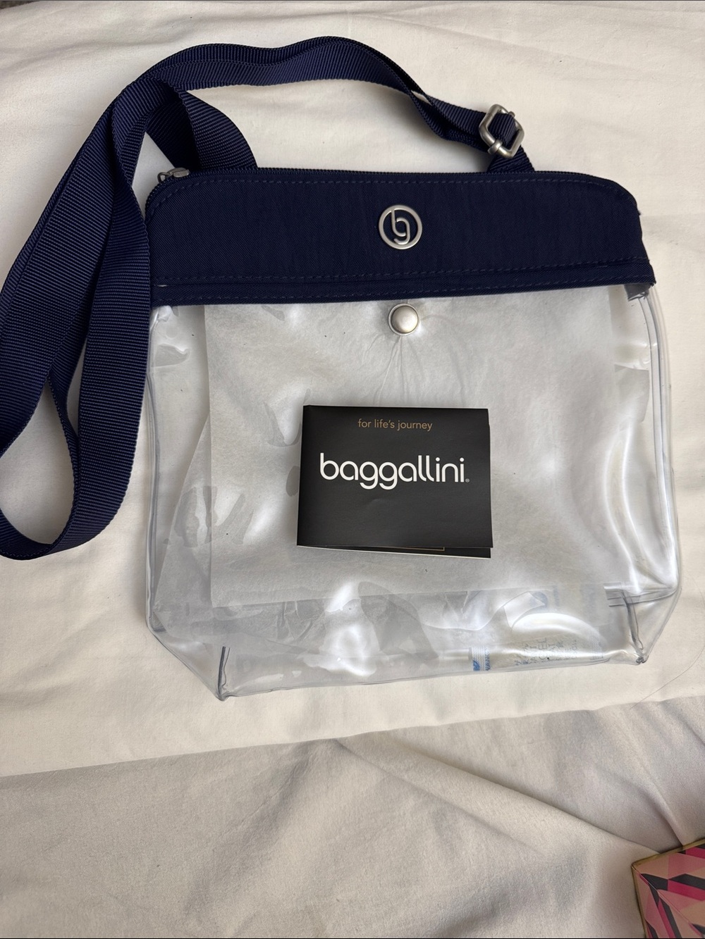 Baggallini stadium clear pocket crossbody purse navy blue strap